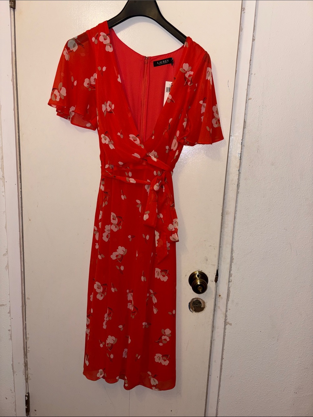Red Floral Wrap Midi Dress